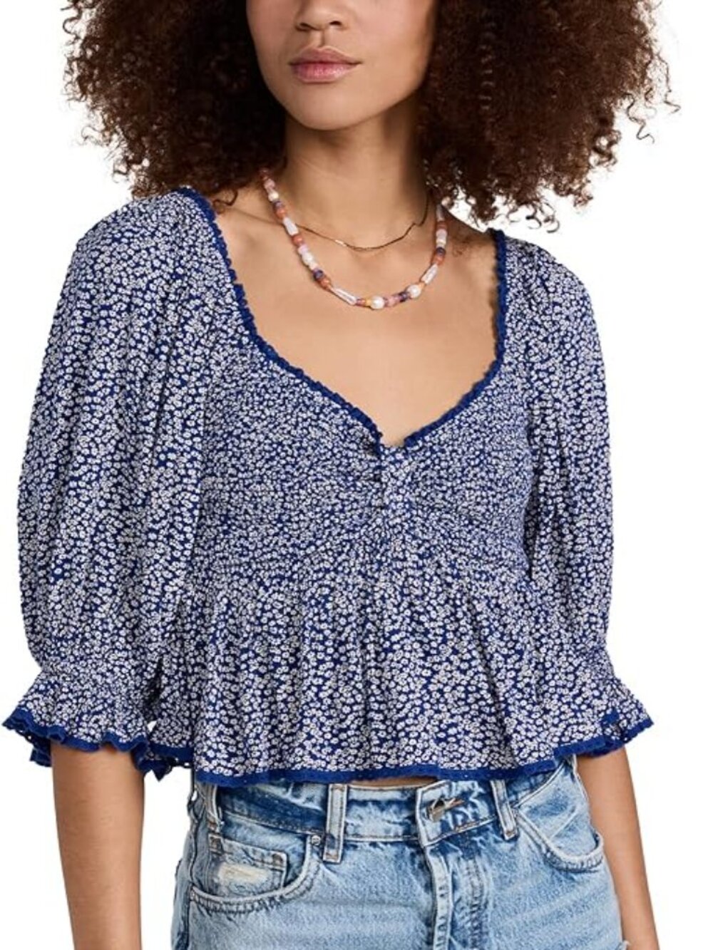 Free People Brittnee top small cropped ditsy floral blue sweetheart smocked